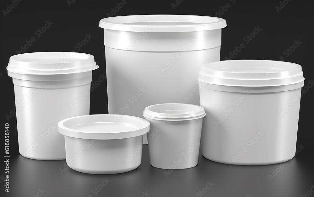 Set of white plastic containers. Generative AI technology. Set of white plastic containers. Generative AI technology.