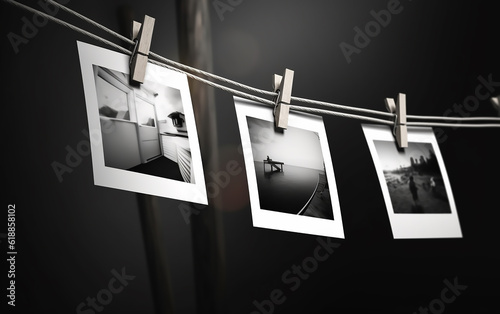White photo frames hanging on rope. Generative AI technology.