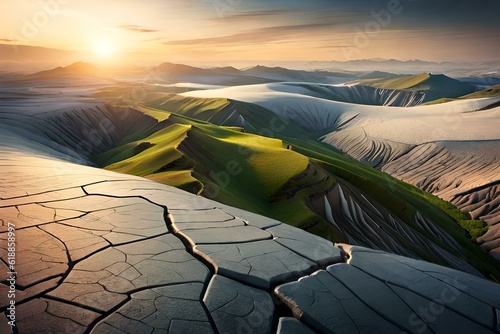 An image of a fragmented land with deep cracks running through it, creating a surreal and abstract landscape.
