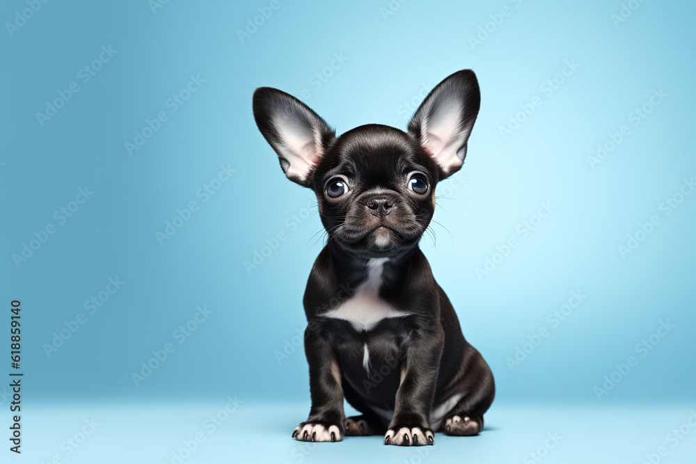 cute black chihuahua puppy on a blue background. ai generative
