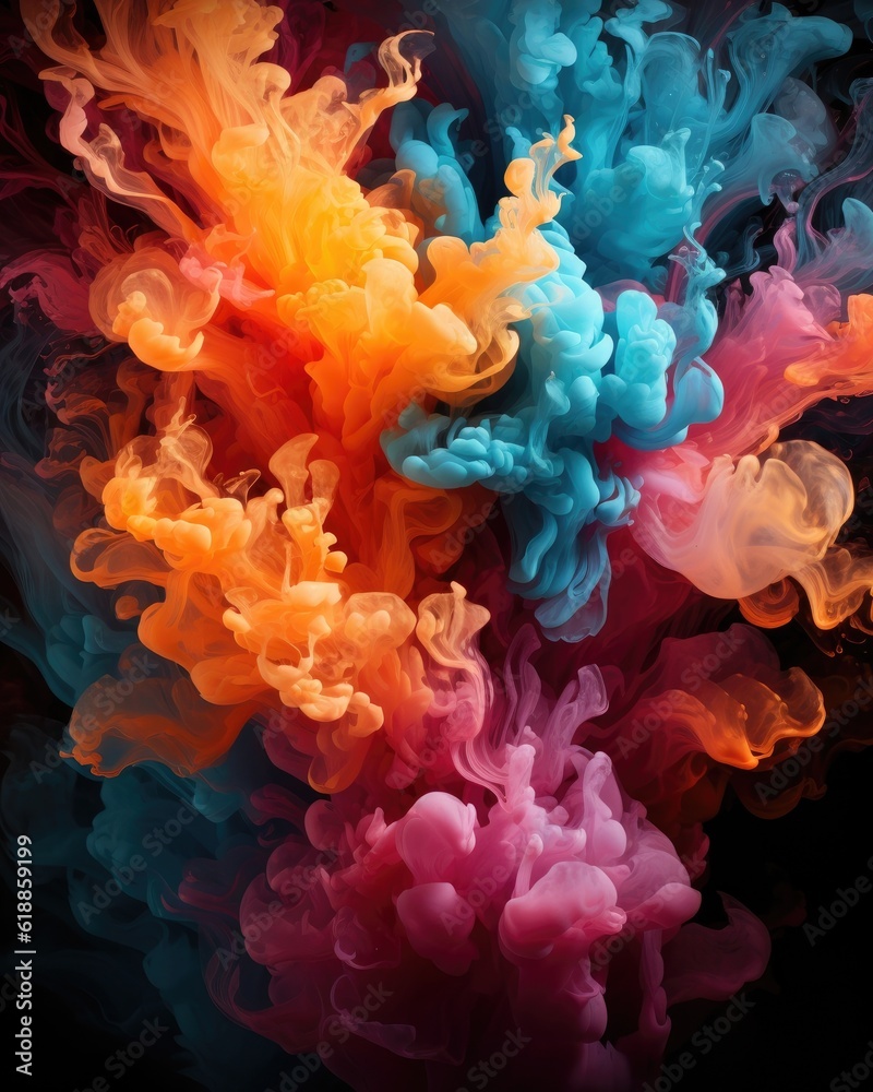 Abstract pattern created by colorful paint, water, or smoke on dark background. (Illustration, Generative AI)