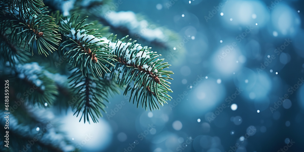 pine branch, with snow, bokeh glows around, and snow falls. ai generative