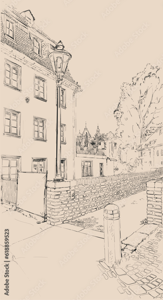 Hand drawn street European old town with house and flashlight. Urban sketch in black color isolated on a beige background. Vector liner Travel sketches architecture.