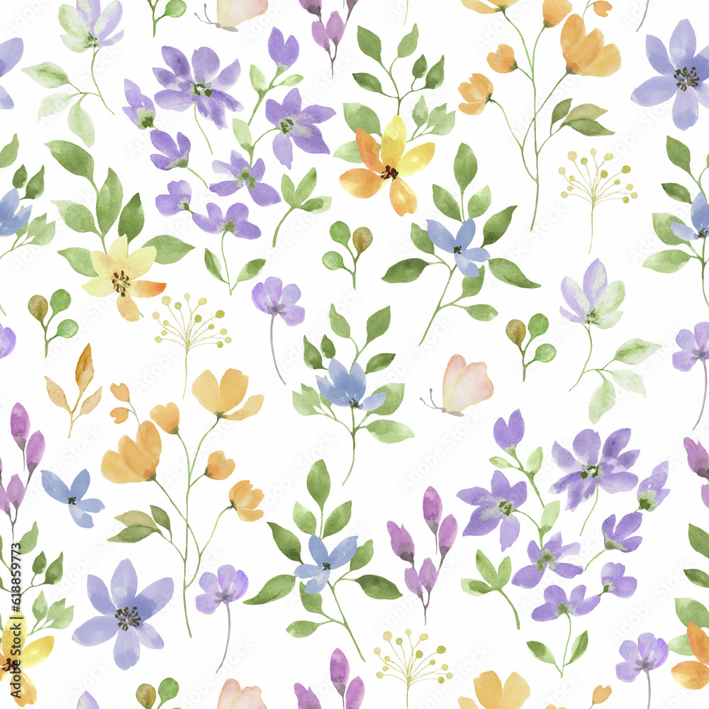 Watercolor floral seamless pattern. Hand drawn illustration isolated on white background.
