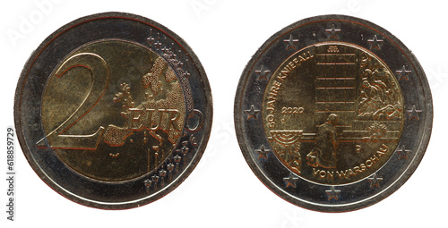 Kneeling of Warsaw by Willi Brandt on a two euro coin Germany with Europe map, 2020 photo