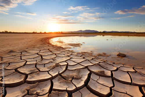 Cracked earth at the site of a dried lake. global climate change concept.ai generative