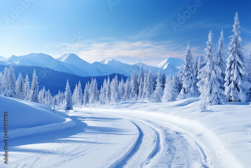 Snowy and frozen mountain road in winter landscape. ai generative © Oleksandr