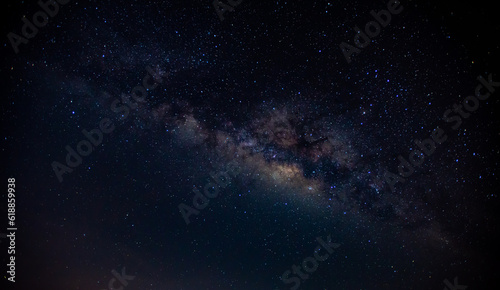 Fototapeta Naklejka Na Ścianę i Meble -  Blue night panorama, milky way sky and stars on a dark background,starry universe, nebula and galaxies with noise and color pigment, long exposure and selective white balance, selective focus. amazing
