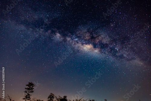 Blue night panorama  milky way sky and stars on a dark background starry universe  nebula and galaxies with noise and color pigment  long exposure and selective white balance  selective focus. amazing