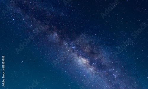Blue night panorama, milky way sky and stars on a dark background,starry universe, nebula and galaxies with noise and color pigment, long exposure and selective white balance, selective focus. amazing © Mohwet