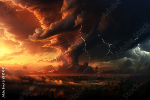 A dramatic storm at sunset producing a powerful tornado twisting through the countryside with sheet lightning. landscape mixed media illustration. ai generative