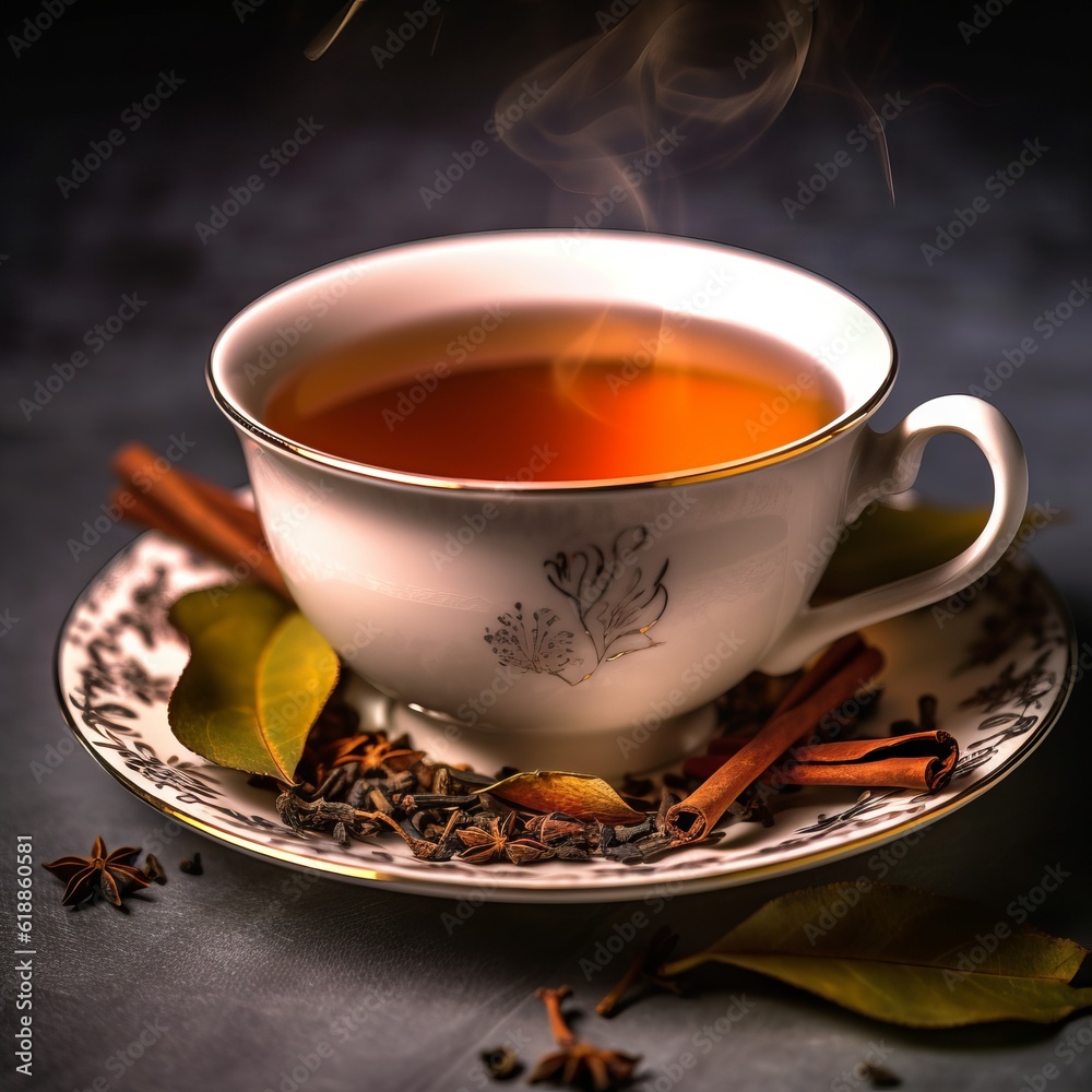 Cup of black tea on a saucer with dry tea leaves in a studio. Small mug of green tea with leaves in a studio. Caffeine concept.. Cup of black tea on a saucer with dry tea leaves in a studio. Small mug of green tea with leaves in a studio. Caffeine concept..