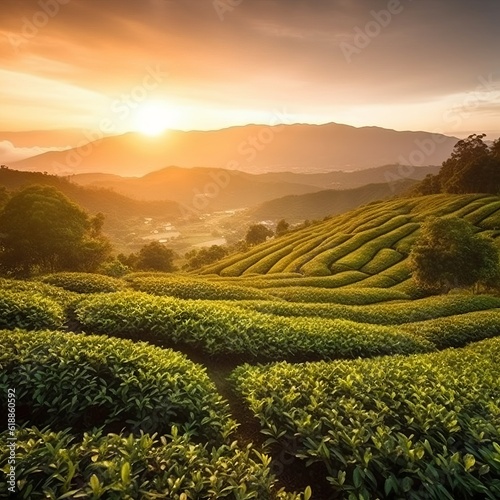 Beautiful big green tea plantation at sunset. Chinese tea field of black tea crops during a beautiful sunrise. Wide shot of a beautiful hill landscape with a Camellia sinensis farm.