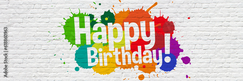 Canvas Print Happy birthday on multicolored paint stains