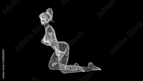 3D nude girl in sexy pose on black bg. Love and pleasure concept. Human naked young elegant posing figure. Sitting sensual erotic seductive pretty woman, romantic concept. 3D animation.