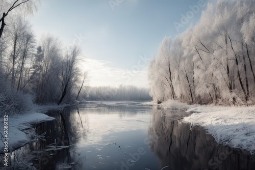 Winter Forest River Background: Scenic Nature Landscape with Snowy Trees © Thares2020
