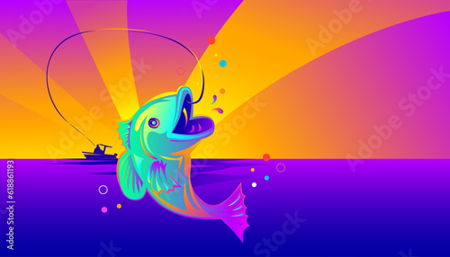 The fisherman fishing on the boat with abstract background design. Catching fish