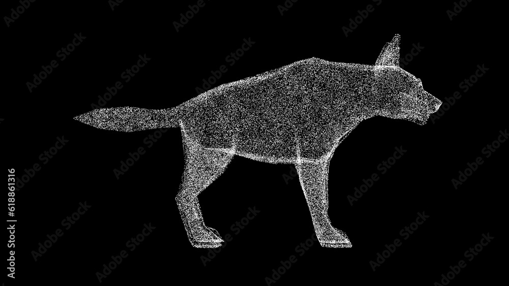 3D Hyena on black bg. Wild animals concept. Protection of the environment. Zoo concept. For title, text, presentation. Object made of shimmering particles. 3d animation.