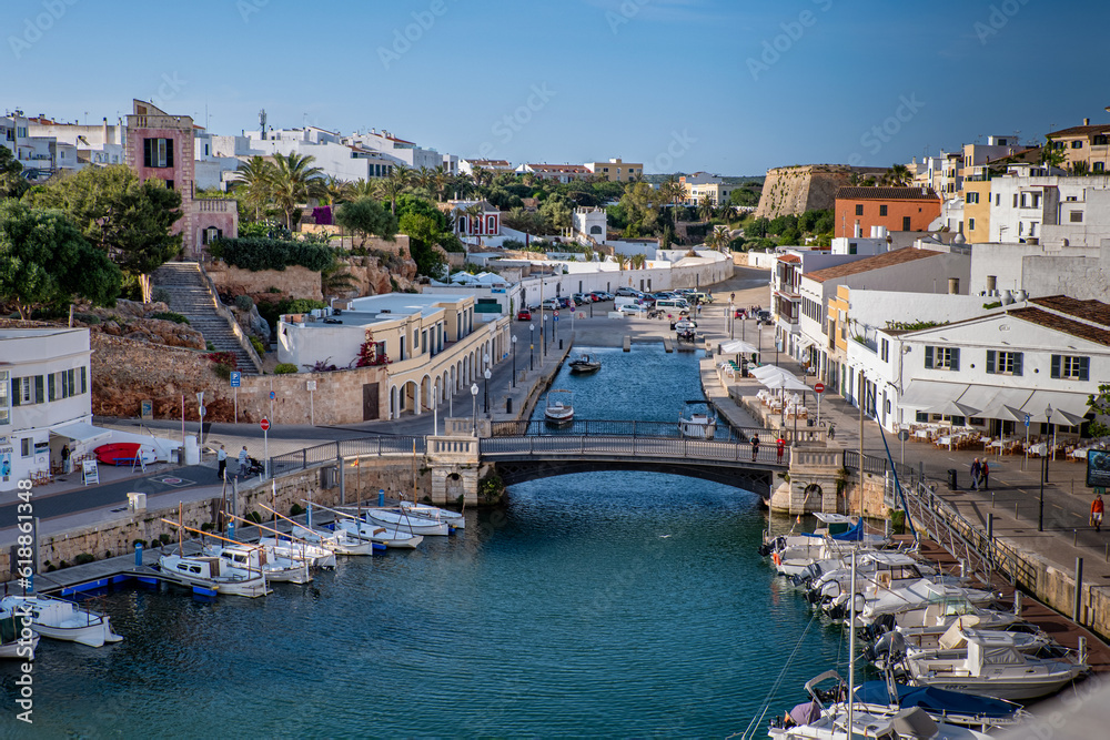 Menorca, Spai - May 17, 2023: Landscape view of Ciutadella harbor Minorca, Spain