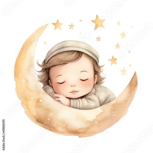 Cute watercolor baby good night moon Illustration AI Generative.
