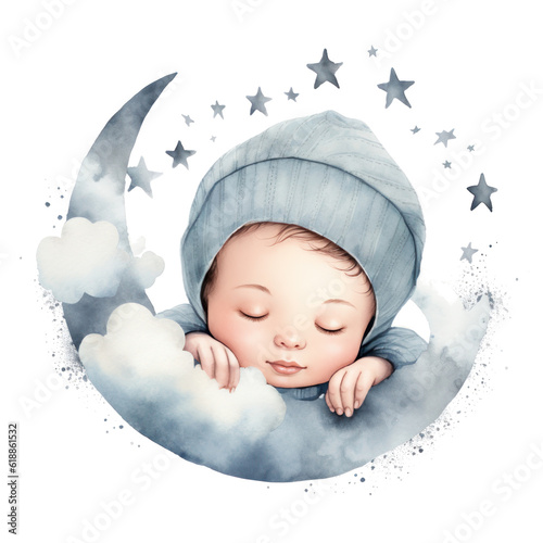 Cute watercolor baby good night moon Illustration AI Generative.