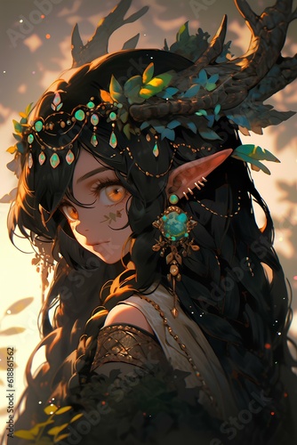 cute and beautiful female elf with catlike ears, Japanese Anime Style Fantasy Illustration. generative AI
