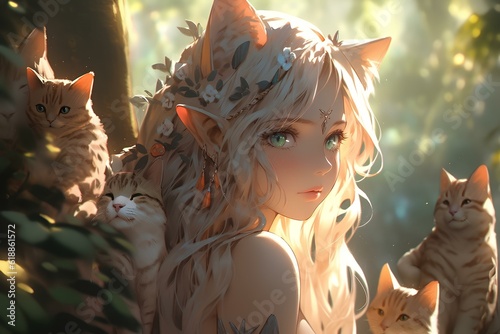 cute and beautiful female elf with catlike ears, Japanese Anime Style Fantasy Illustration. generative AI