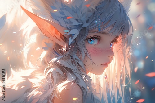 cute and beautiful female elf with catlike ears, Japanese Anime Style Fantasy Illustration. generative AI photo
