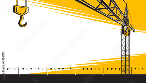 Vector illustration of the building construction site with a tower crane.