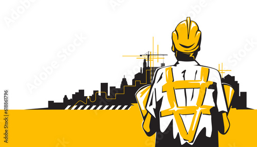 Vector illustration of an engineer or construction worker is looking forward to the construction site.