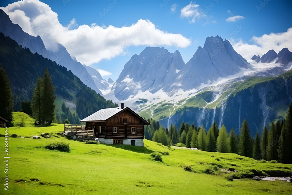 A cozy house perched atop a grassy hill with majestic mountains in the background. A serene and peaceful place to call home.