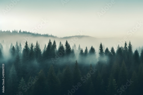 A mysterious fog hangs over an ancient forest, its trees standing tall and majestic in the mist. A quiet stillness fills the air, the only sound the rustling of the leaves.