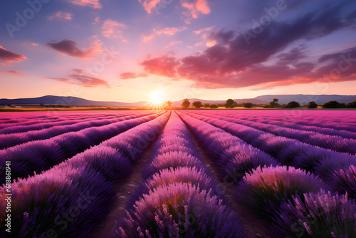A beautiful and calming scene; the sun setting behind a field of lavender, its purple hues illuminated by the golden light. A perfect end to the day.