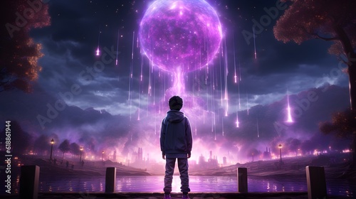One person standing outdoors, admiring the starry sky and illuminated moon.