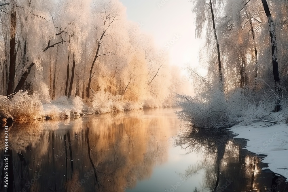 Winter Forest River Background: Scenic Nature Landscape with Snowy Trees Winter Forest River Background: Scenic Nature Landscape with Snowy Trees