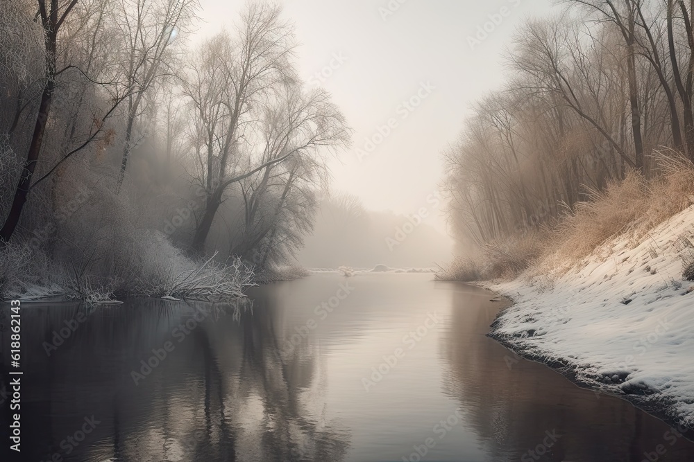 Fototapeta premium Winter Forest River Background: Scenic Nature Landscape with Snowy Trees