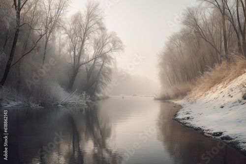 Winter Forest River Background: Scenic Nature Landscape with Snowy Trees