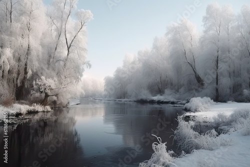 Winter Forest River Background: Scenic Nature Landscape with Snowy Trees © Thares2020