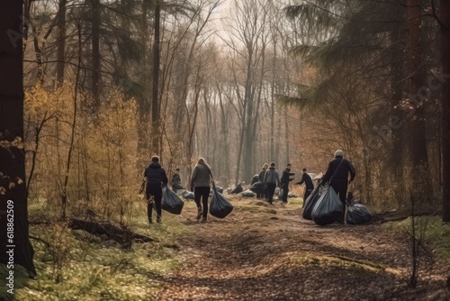 Ecology volunteers cleaning forest or park from plastic garbage and trash. Group of active people cleaning outdoors. Ecology protection movement and nature pollution problems concept. © Ilia