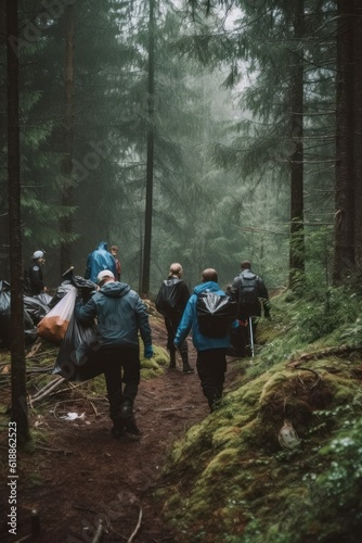 Ecology volunteers cleaning forest or park from plastic garbage and trash. Group of active people cleaning outdoors. Ecology protection movement and nature pollution problems concept.