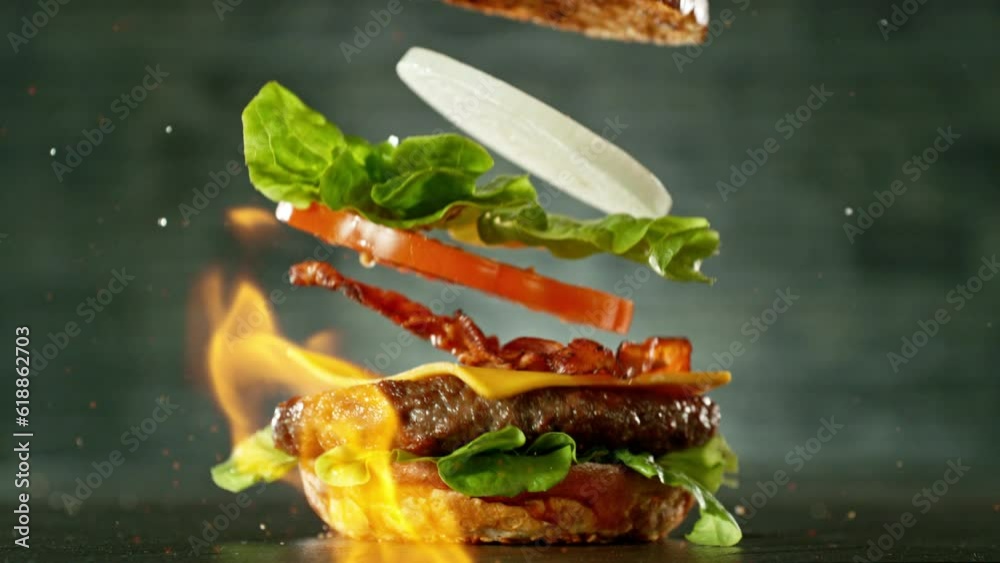 Super slow motion of stacking cheeseburger pieces. Camera in motion. Filmed on high speed cinema camera, 1000 fps. Placed on high speed cine bot. Fire on background.