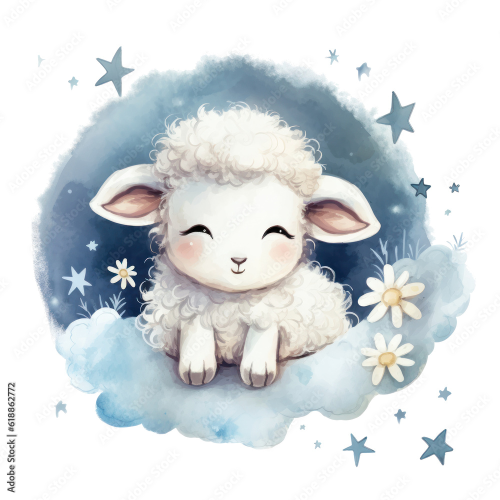 Obraz premium Cute watercolor baby good night sheep on moon Illustration AI Generative