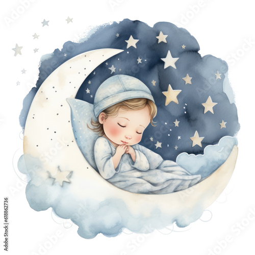 Cute watercolor baby good night moon Illustration AI Generative.