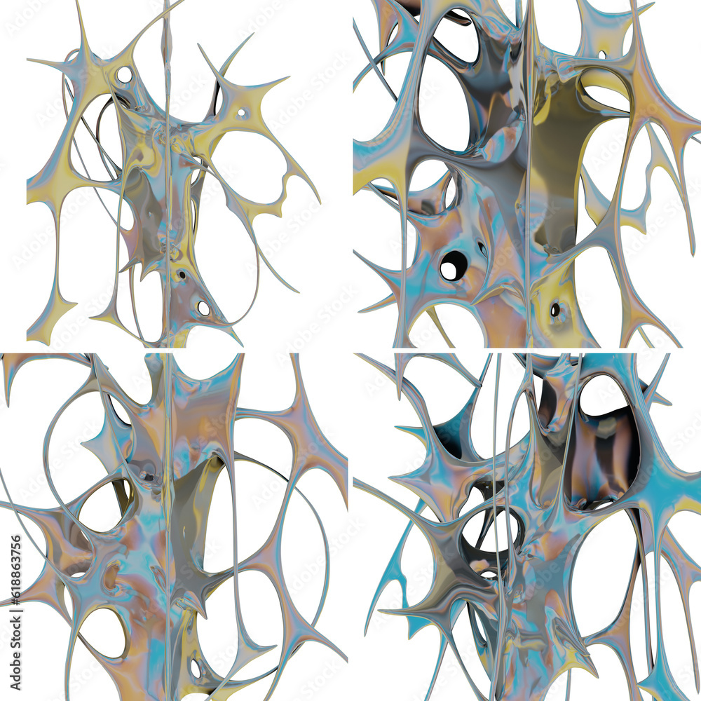Obraz premium Contemporary Iridescent Tribal Futuristic Render 3D Shape - Abstract Metallic Graphic Asset