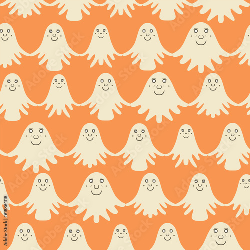 Happy beige white ghosts in horizontal rows on soft orange
