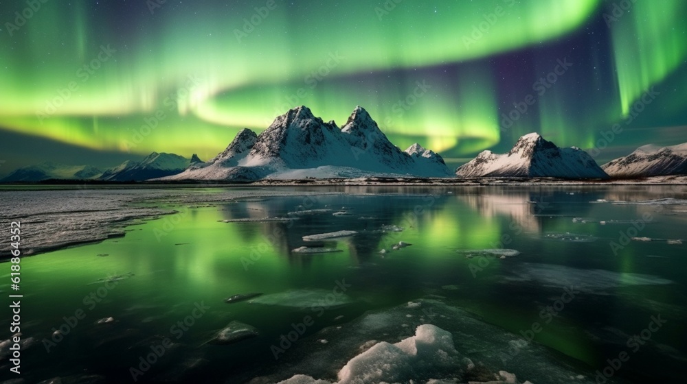 Northern Lights Beach, Night landscape and snowy mountains, aurora borealis
