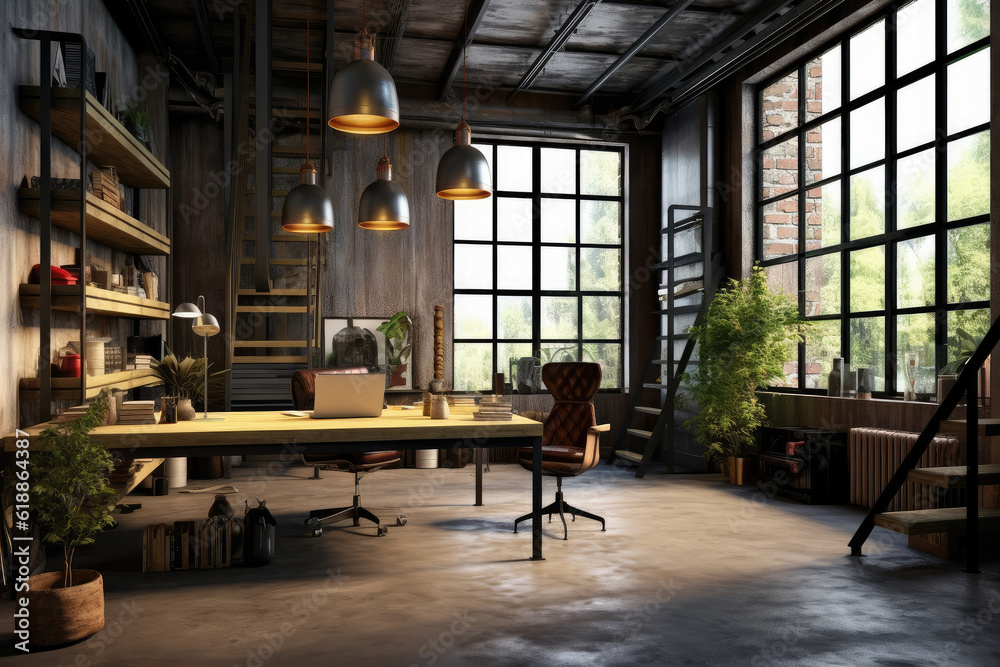 Loft style modern office or co working, AI Generative