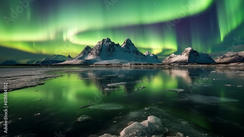 Northern Lights Beach, Night landscape and snowy mountains, aurora borealis