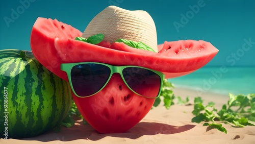 Watermelon with Sunglasses and Straw Hat for Summer Delights This captivating image features a juicy, ripe watermelon adorned with stylish sunglasses and a trendy straw hat. Transport yourself to sun 