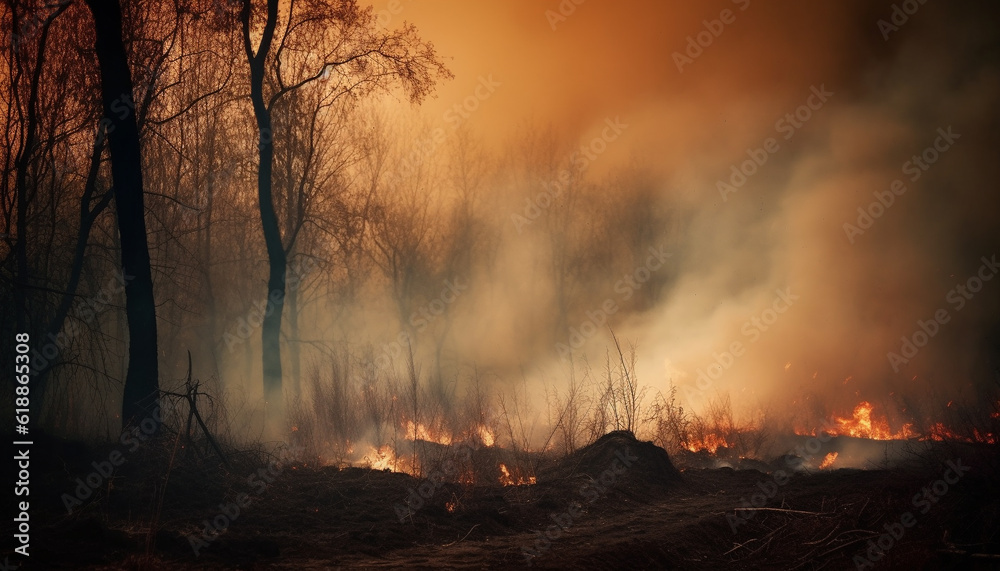 Burning forest fire creates spooky mystery landscape generated by AI